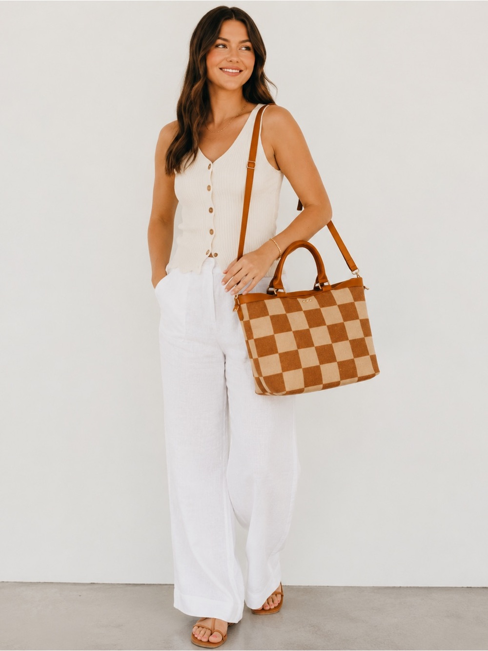 Pretty Simple Premium June Jute Tote Bag Crossbody Checkered Brown